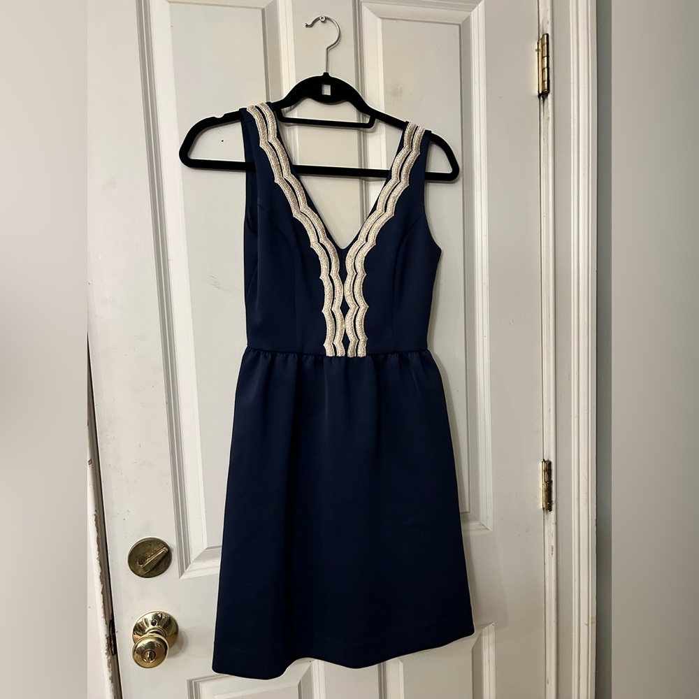 Lilly Pulitzer Rorey Navy Dress with Gold Detailing comes with gold sweater